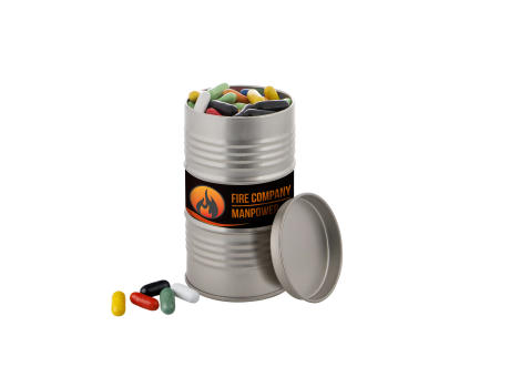 Ölfass, gefüllt mit Süßigkeiten