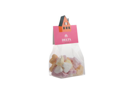 Blockbeutel mit Headerkarte in Ihrer eigenen Form und 50 Gramm Süßigkeiten