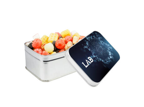 Rechteckige Dose gefüllt mit Süßigkeiten