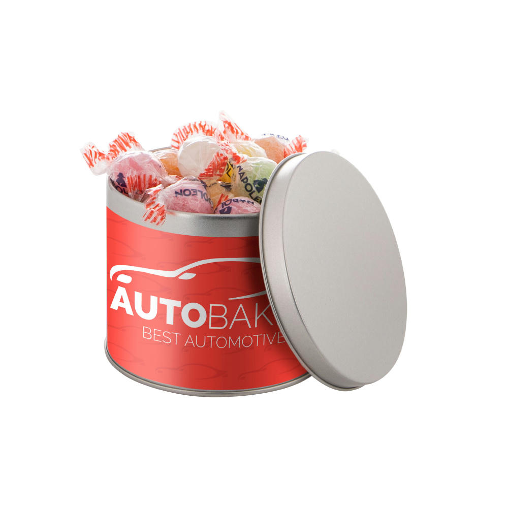 Runde Dose, 0.6 L gefüllt mit Süßigkeiten