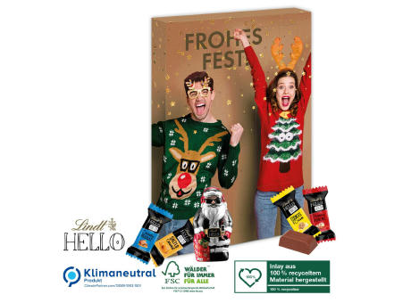 Adventskalender Lindt „HELLO“ Mini Stick Mix mit Santa, Inlay aus 100% recyceltem Material