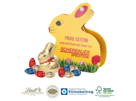 Werbe-Hase mit Goldhase und Schoko-Eier von Lindt