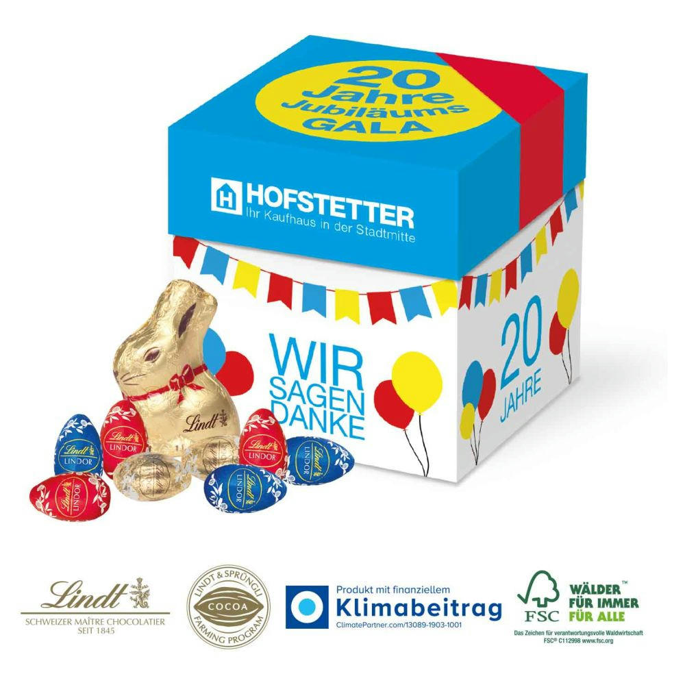 Würfelbox mit Goldhase und Schoko-Eier von Lindt