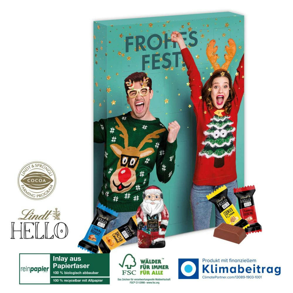 Adventskalender Lindt „HELLO“ Mini Stick Mix mit Santa, Inlay aus Papierfaser