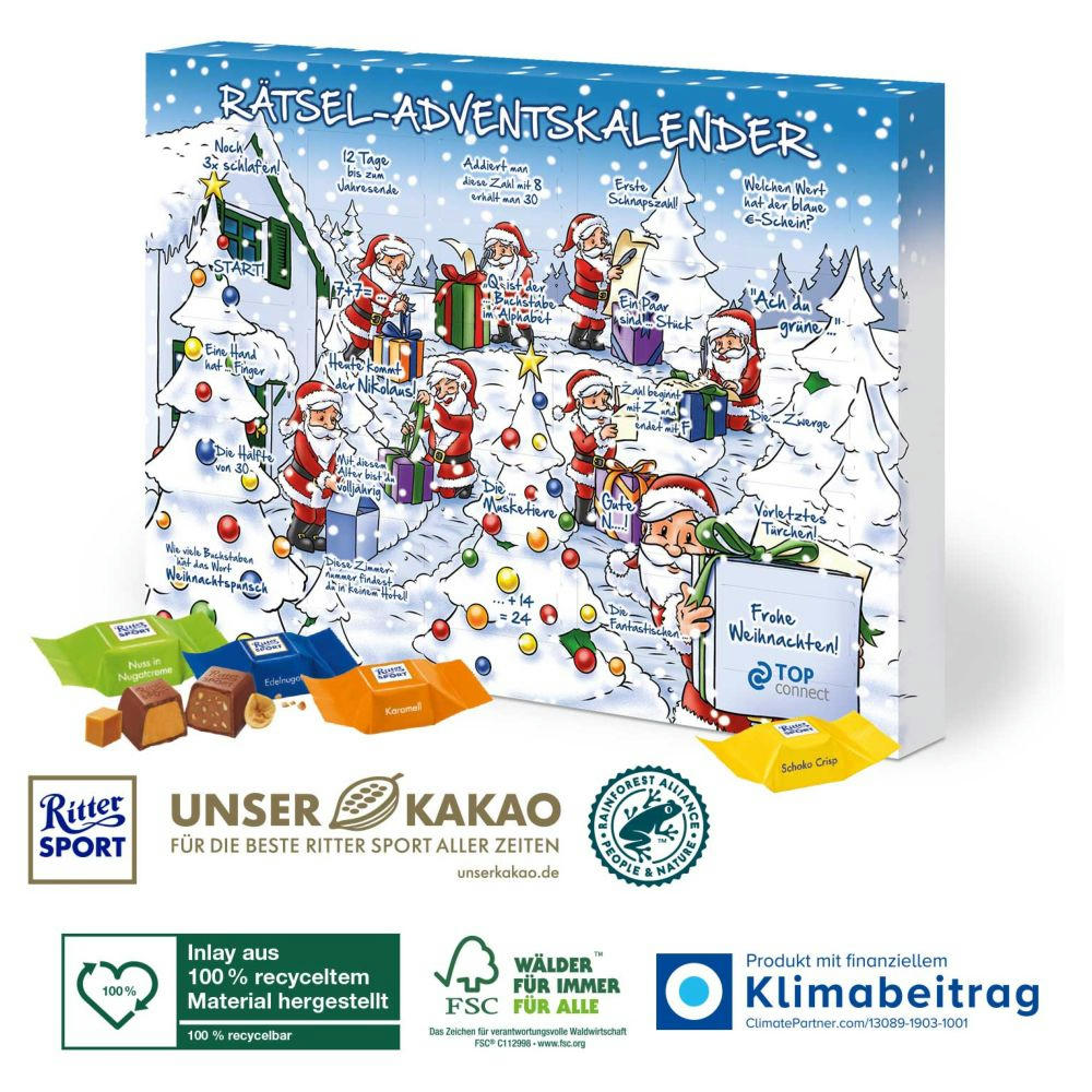 Adventskalender mit Ritter SPORT Schokowürfel, Inlay aus 100% recyceltem Material