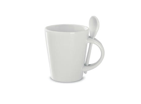Taza con cuchara de cerámica.