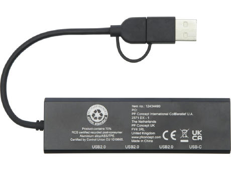 Hub USB 2.0 de aluminio reciclado con certificación RCS "Rise"