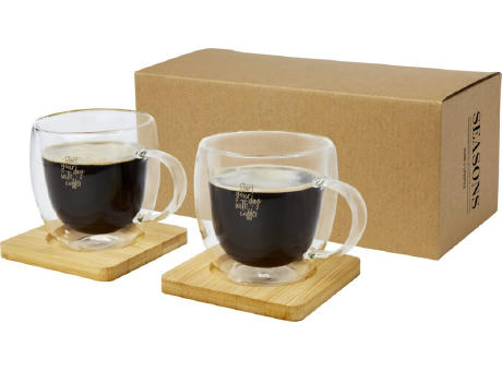Dos tazas de vidrio de doble pared de 250 ml con posavasos de bambú Manti 