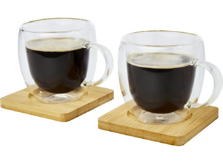 Dos tazas de vidrio de doble pared de 250 ml con posavasos de bambú Manti 