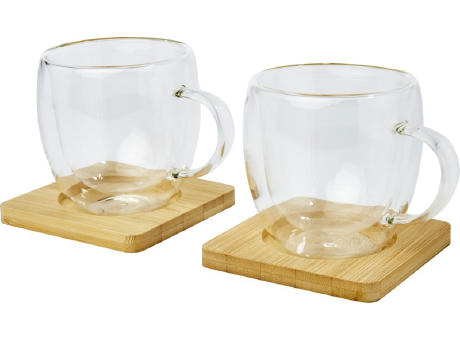 Dos tazas de vidrio de doble pared de 250 ml con posavasos de bambú Manti 