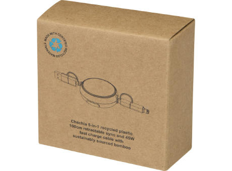Cable retráctil 5 en 1 de plástico reciclado de 100 cm para sincronización de datos y carga rápida de 45 W