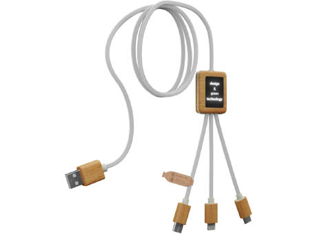 Cable de carga 3 en 1 de PET reciclado con logotipo retroiluminado y estuche cuadrado de bambú SCX.design C39