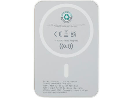 Batería externa inalámbrica magnética de 5000 mAh y 15 W con PD de 20 W fabricada con plástico reciclado Acrab