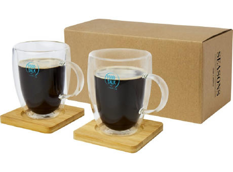 Dos tazas de vidrio de doble pared de 350 ml con posavasos de bambú Manti 