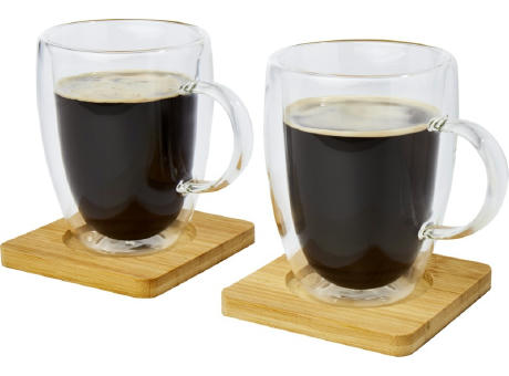 Dos tazas de vidrio de doble pared de 350 ml con posavasos de bambú Manti 