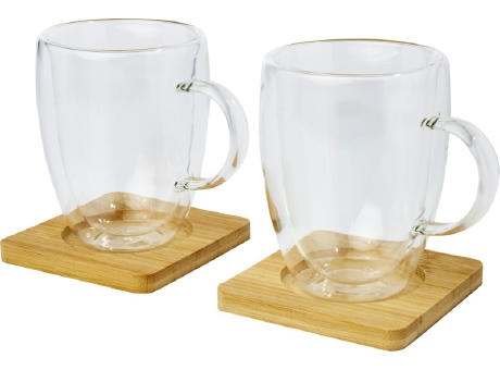 Dos tazas de vidrio de doble pared de 350 ml con posavasos de bambú Manti 