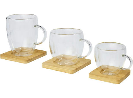 Dos tazas de vidrio de doble pared de 350 ml con posavasos de bambú Manti 