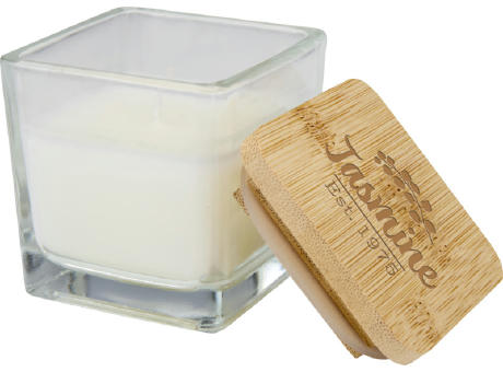 Vela cuadrada en soporte de vidrio con tapa de bambú 