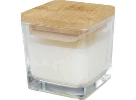 Vela cuadrada en soporte de vidrio con tapa de bambú 