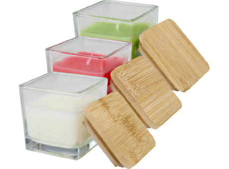 Vela cuadrada en soporte de vidrio con tapa de bambú 