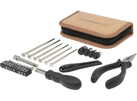 Set de herramientas de plástico reciclado con certificación RCS de 24 piezas con funda de corcho Spike