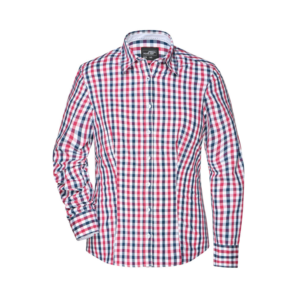 Ladies' Checked Blouse - Modisches Karoshirt mit Uni-Einsätzen an Kragen und Manschette