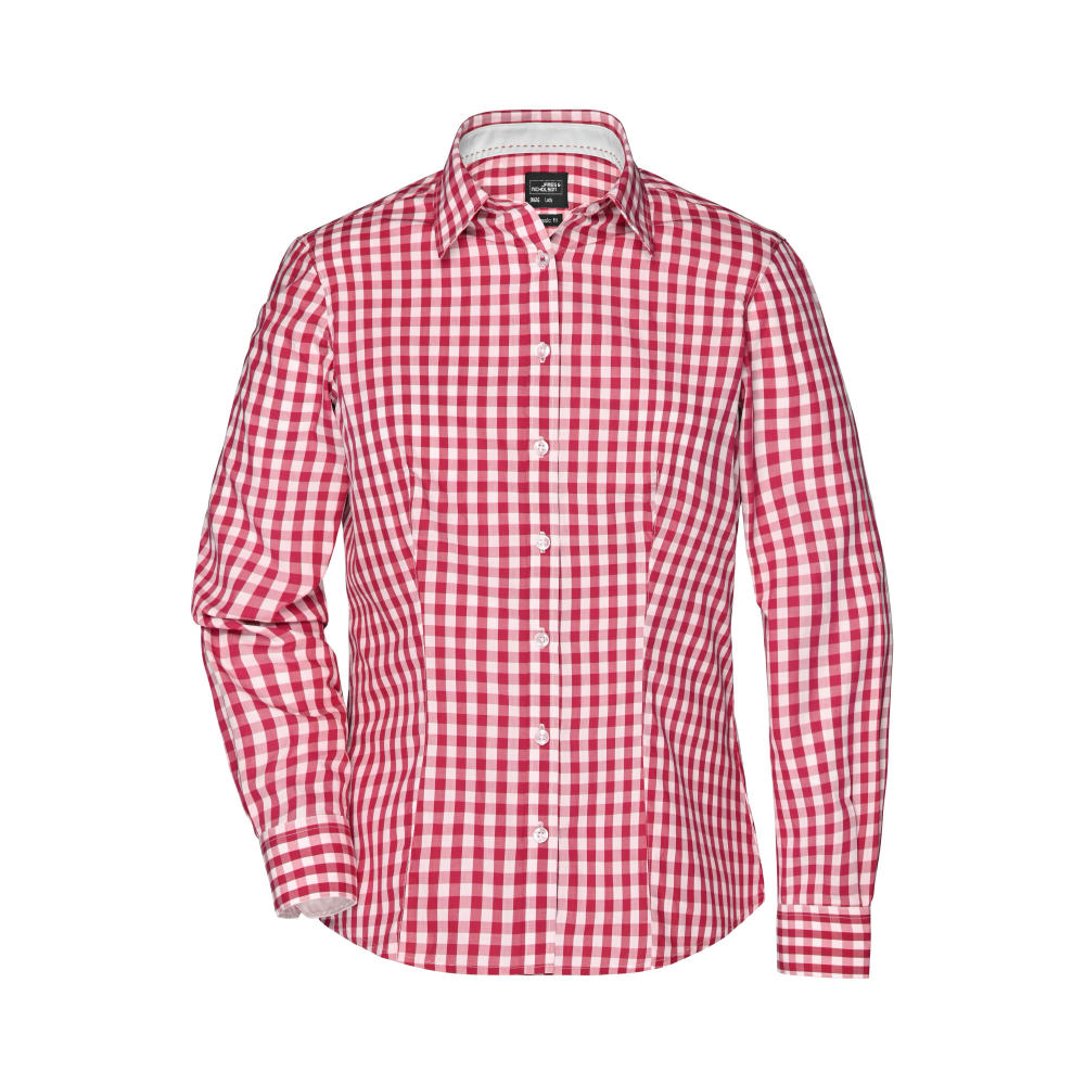 Ladies' Checked Blouse - Modisches Karoshirt mit Uni-Einsätzen an Kragen und Manschette