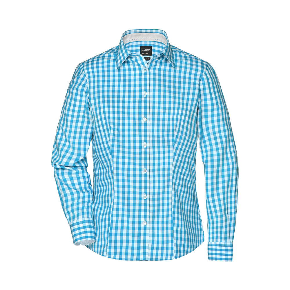 Ladies' Checked Blouse-Modisches Karoshirt mit Uni-Einsätzen an Kragen und Manschette