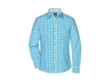 Ladies' Checked Blouse-Modisches Karoshirt mit Uni-Einsätzen an Kragen und Manschette