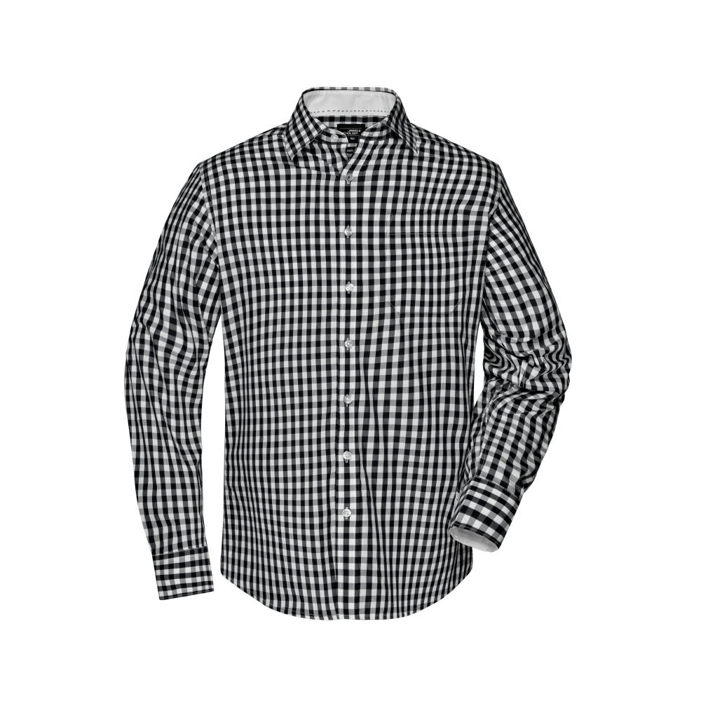 Men's Checked Shirt-Modisches Karoshirt mit Uni-Einsätzen an Kragen und Manschette