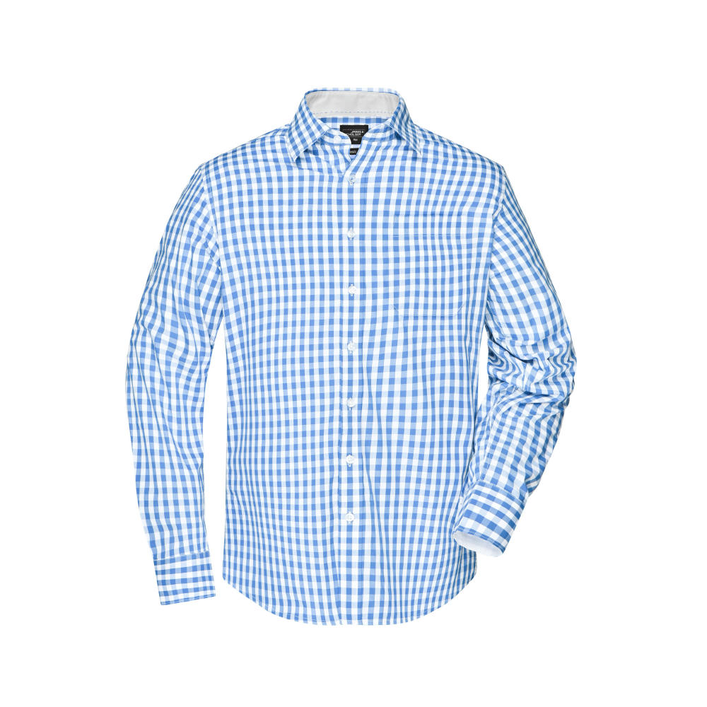 Men's Checked Shirt-Modisches Karoshirt mit Uni-Einsätzen an Kragen und Manschette