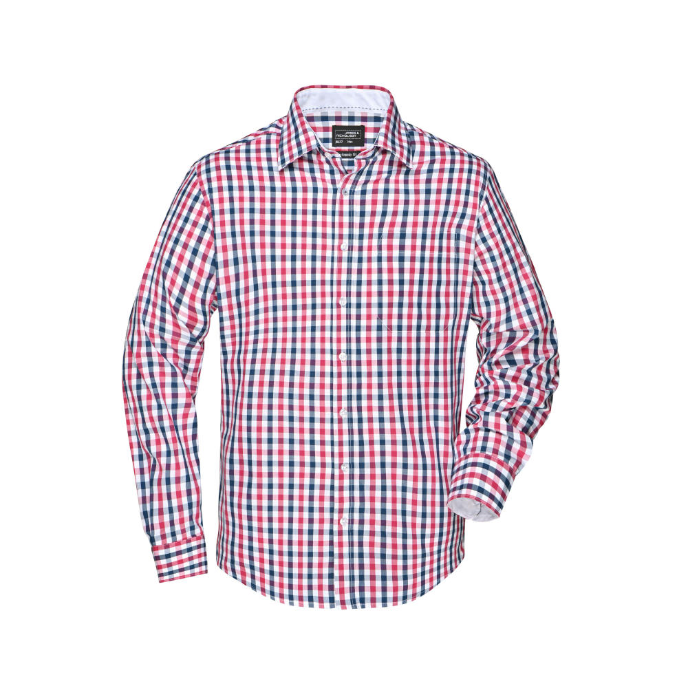 Men's Checked Shirt-Modisches Karoshirt mit Uni-Einsätzen an Kragen und Manschette