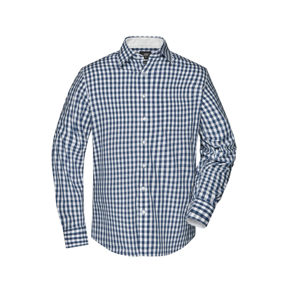 Men's Checked Shirt - Modisches Karoshirt mit Uni-Einsätzen an Kragen und Manschette