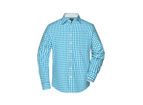 Men's Checked Shirt-Modisches Karoshirt mit Uni-Einsätzen an Kragen und Manschette