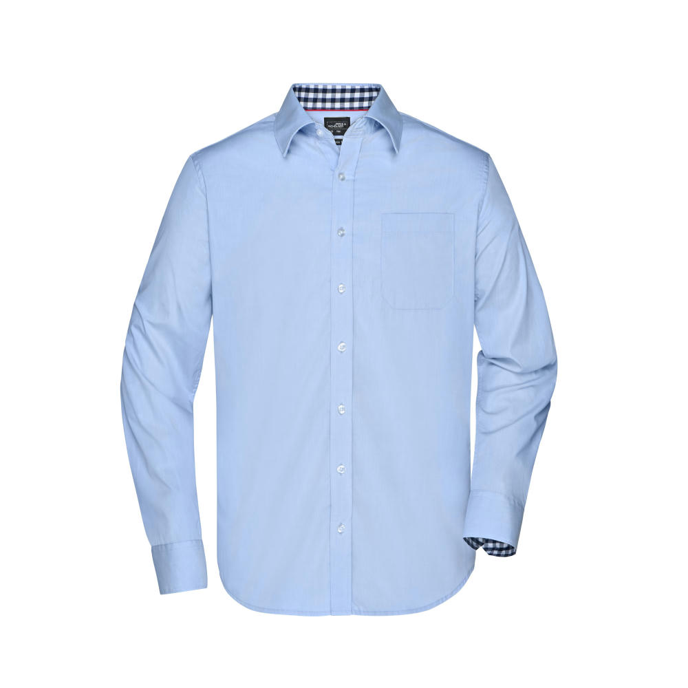 Men's Plain Shirt-Modisches Shirt mit Karo-Einsätzen an Kragen und Manschette