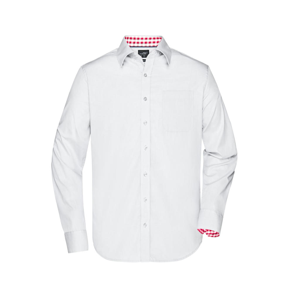 Men's Plain Shirt-Modisches Shirt mit Karo-Einsätzen an Kragen und Manschette