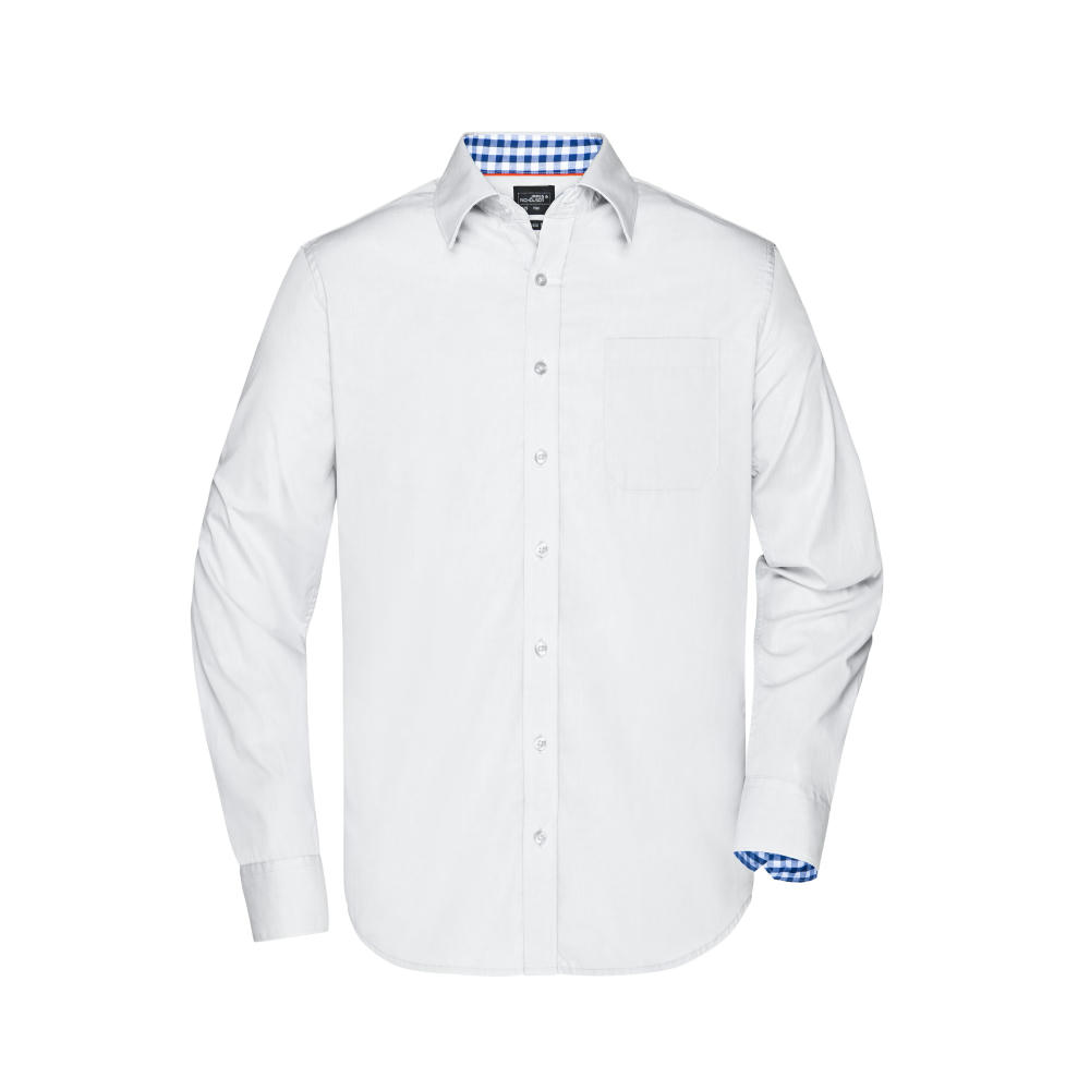 Men's Plain Shirt-Modisches Shirt mit Karo-Einsätzen an Kragen und Manschette