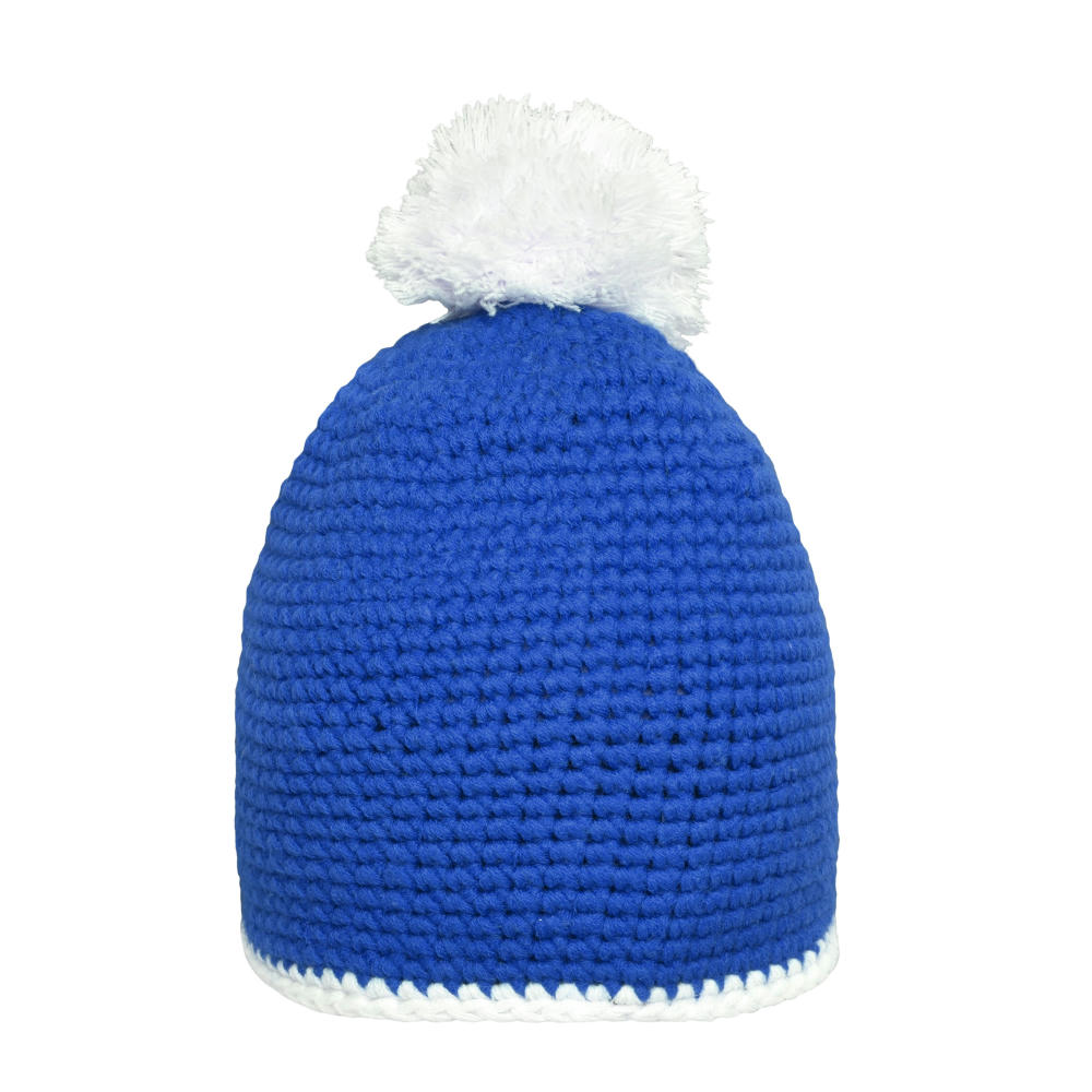 Pompon Hat with Contrast Stripe-Häkelmütze mit Kontrastrand und Pompon