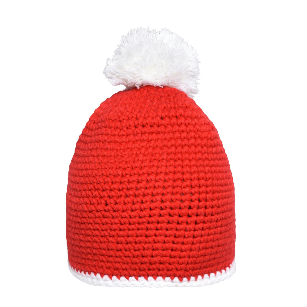 Pompon Hat with Contrast Stripe-Häkelmütze mit Kontrastrand und Pompon
