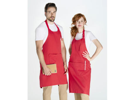 Delantal largo unisex de cuerpo entero. Cinta de cuello ajustable con hebilla deslizante de plástico.Dos cintas en la cintura.Gran bolsillo frontal doble.DNV 100% algodón. Gramaje de 220 gsm/m².