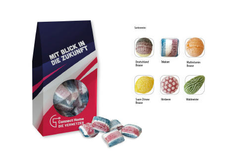 Beutelschachtel mit Bonbons,   60 g, Inhalt: Bonbons Trikolore