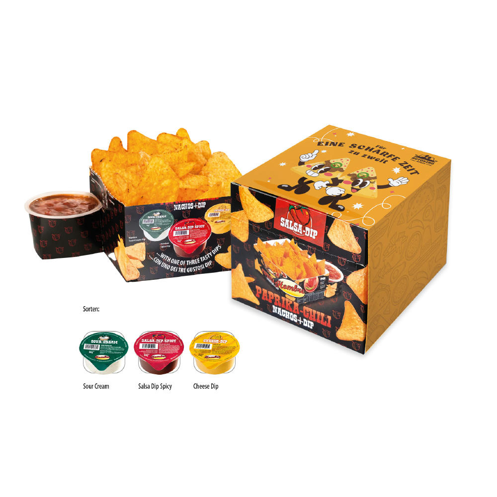 Nacho Box im Schuber,   190 g, Inhalt: Nachos Paprika-Chili, Cheese Dip