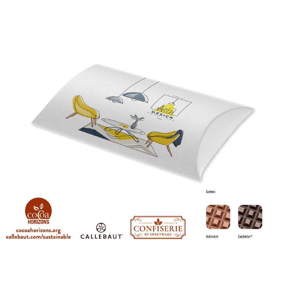 Schokolade 100 g Tafel in Kissenschachtel,   1 Stück, Inhalt: Callebaut Vollmilch Schokolade Kalender