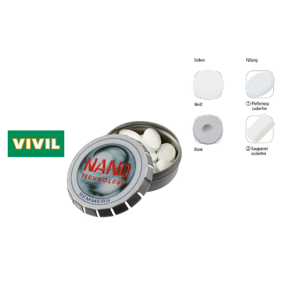 Klick-Dose-57, blank 20 g, Inhalt: VIVIL Extra Strong, zuckerfrei (Dose)