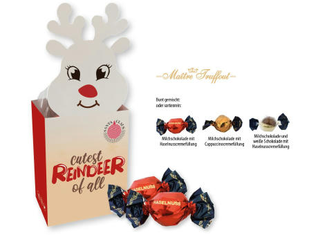 Weihnachtspralinés in Motivkartonage "Rentier",   5 Stück, Inhalt: Pralinen Milchschokolade und weiße Schokolade mit Haselnusscremefüllung