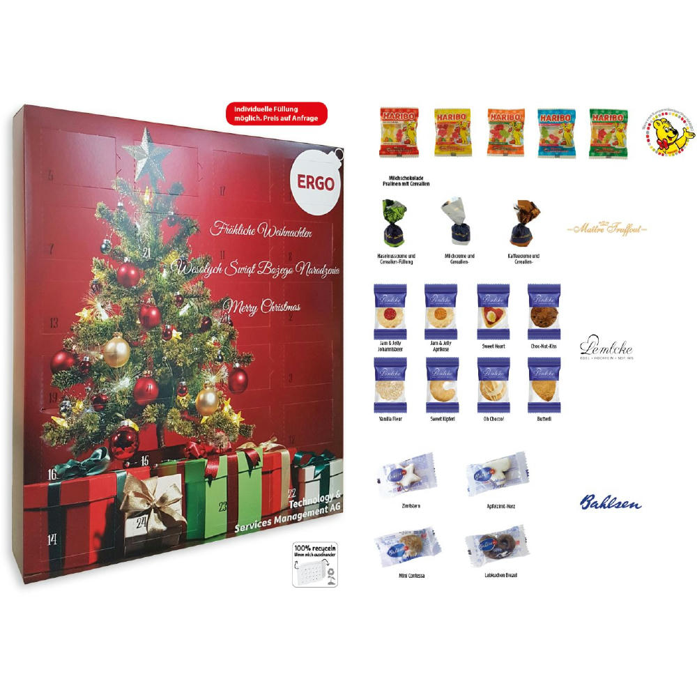 XXL Adventskalender,   24 Stück, Inhalt: Pralinen Milchschokolade Mix mit Cerealien-Füllung