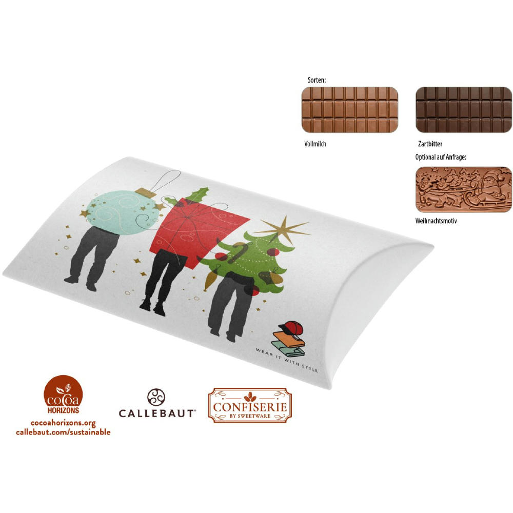 Schokolade 100 g Tafel in Kissenschachtel,   1 Stück, Inhalt: Callebaut Vollmilch Schokolade Kalender