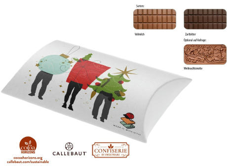 Schokolade 100 g Tafel in Kissenschachtel,   1 Stück, Inhalt: Callebaut Vollmilch Schokolade Kalender