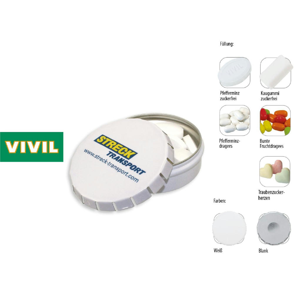 Klick-Dose-75, weiß 45 g, Inhalt: Bunte Fruchtdragees gemischt (Dose)