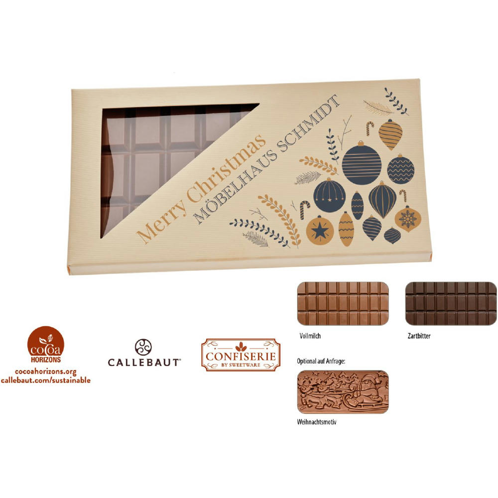 Schokolade 100 g Tafel im Karton,   1 Stück, Inhalt: Callebaut Vollmilch Schokolade Kalender